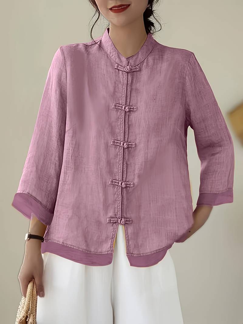 Women's Linen Shirt Green Mandarin Collar Button Up Long Sleeve Casual