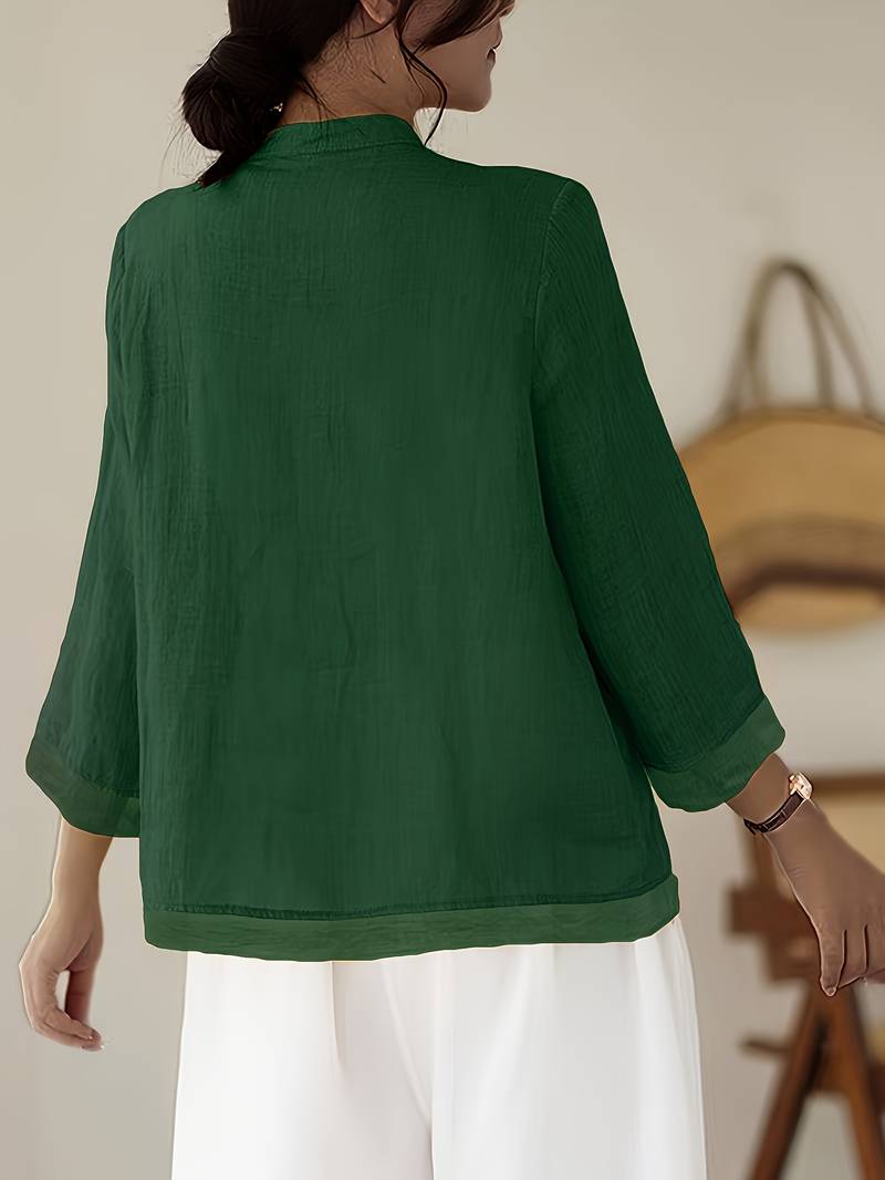 Women's Linen Shirt Green Mandarin Collar Button Up Long Sleeve Casual