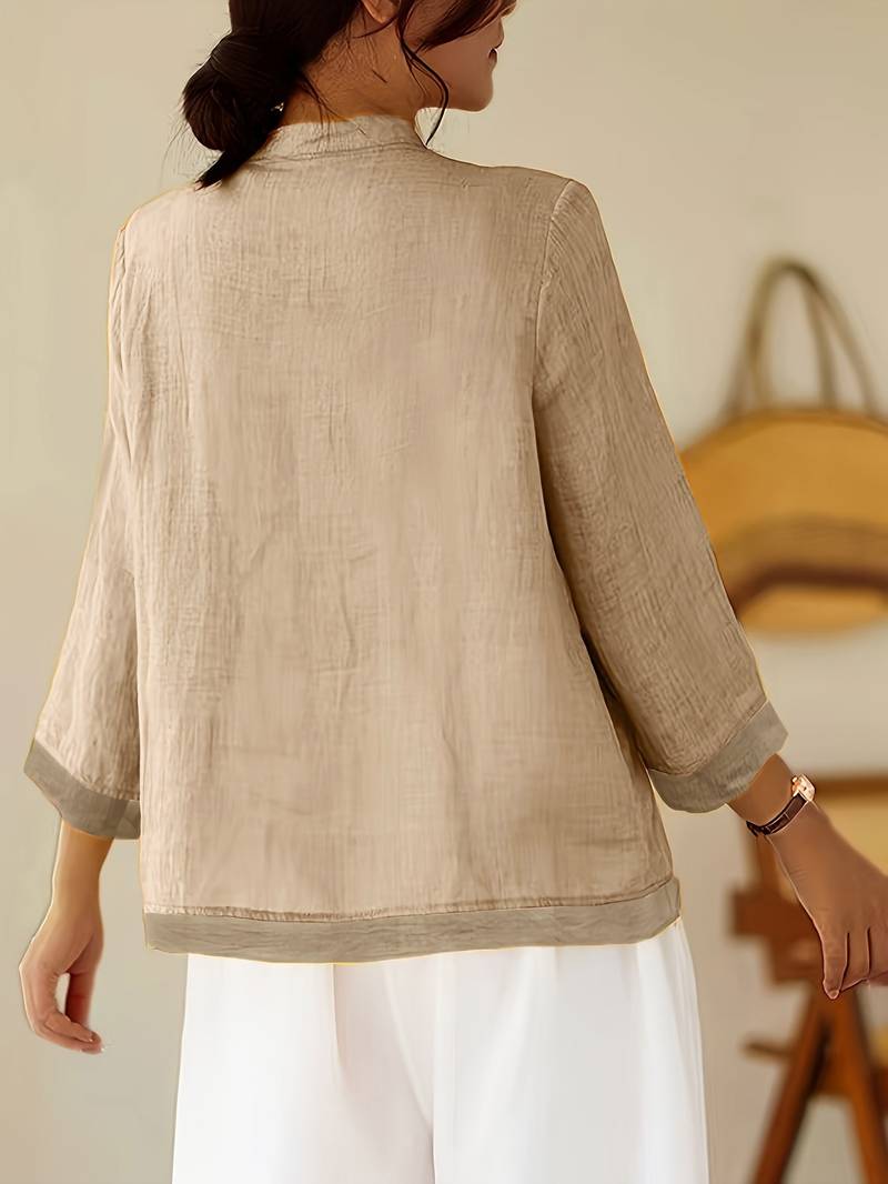 Women's Linen Shirt Green Mandarin Collar Button Up Long Sleeve Casual