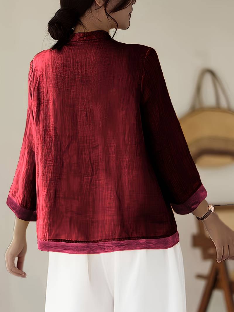Women's Linen Shirt Green Mandarin Collar Button Up Long Sleeve Casual