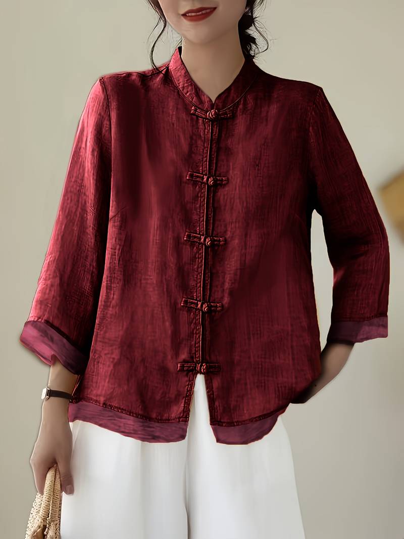 Women's Linen Shirt Green Mandarin Collar Button Up Long Sleeve Casual