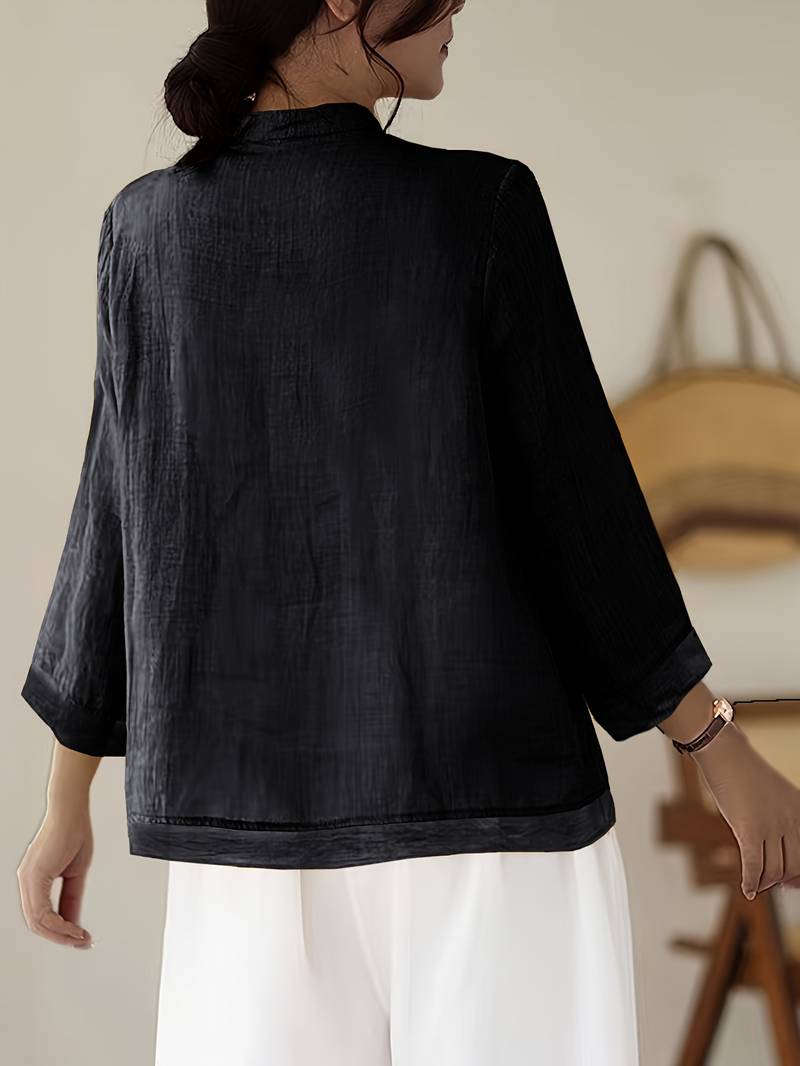 Women's Linen Shirt Green Mandarin Collar Button Up Long Sleeve Casual