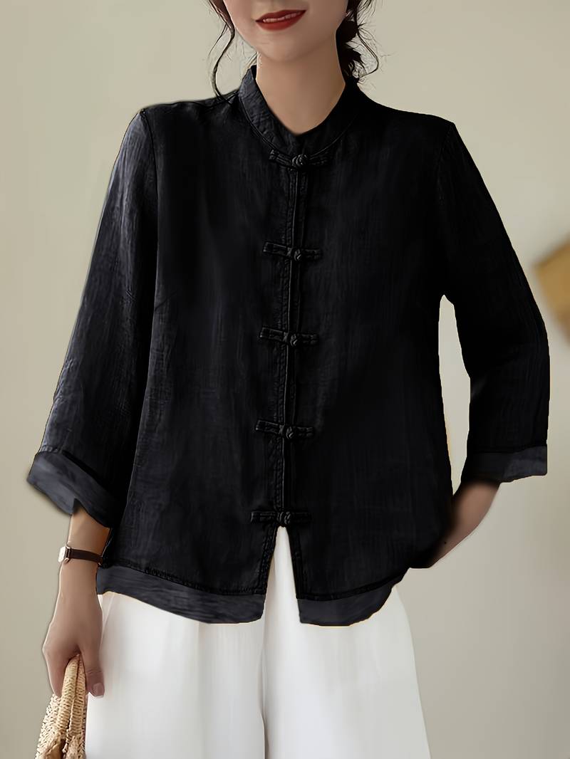 Women's Linen Shirt Green Mandarin Collar Button Up Long Sleeve Casual