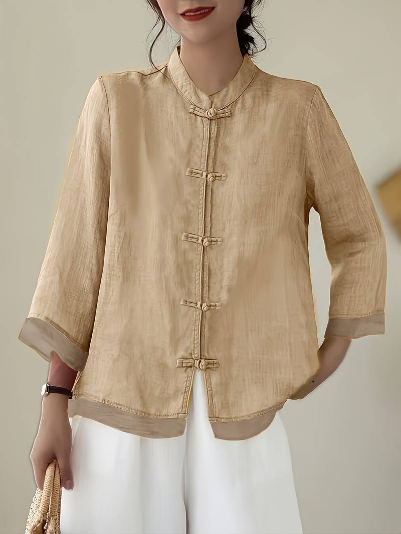 Women's Linen Shirt Green Mandarin Collar Button Up Long Sleeve Casual