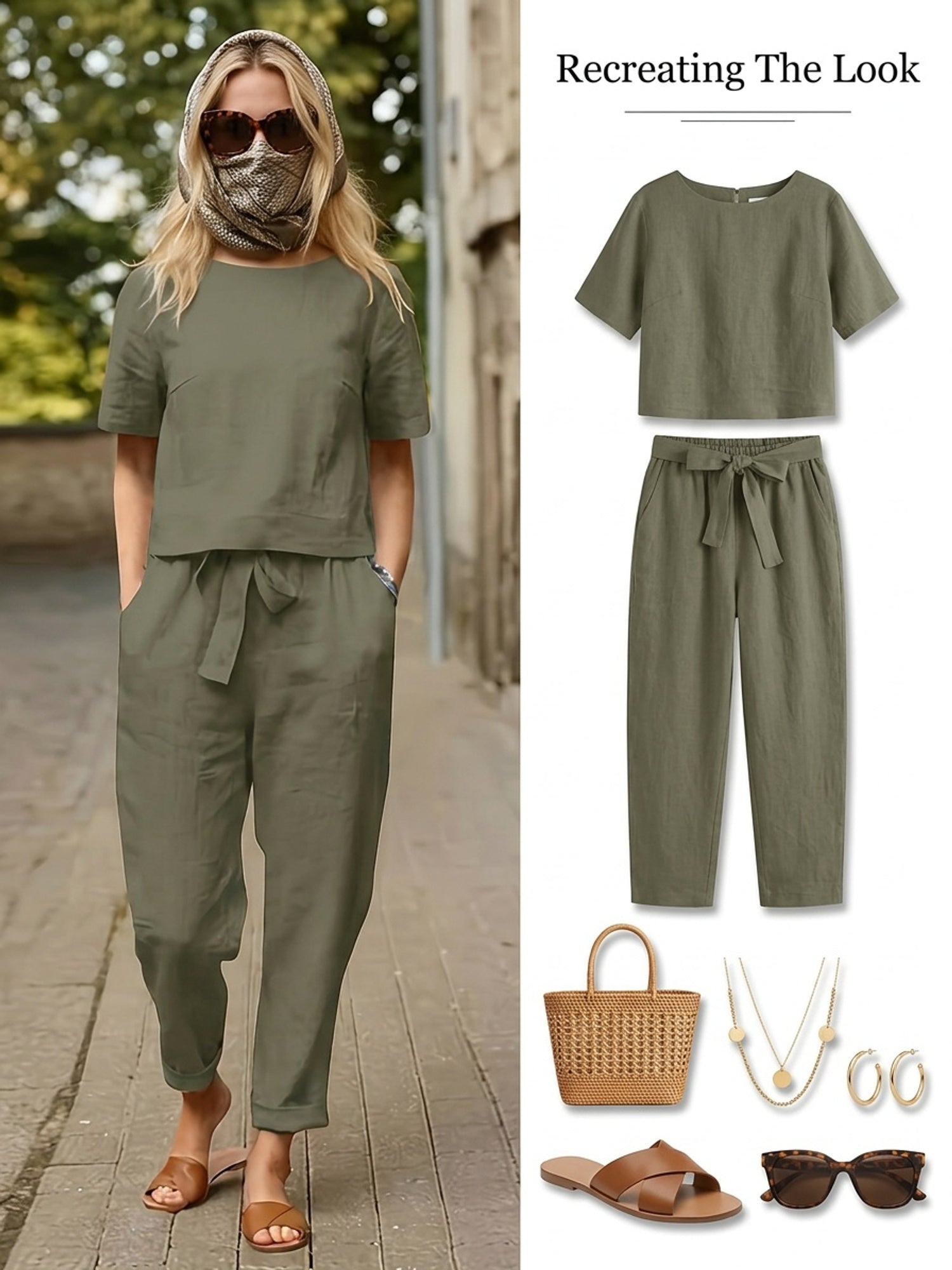 Women's 2-Piece Set Round Neck Short Sleeve Top Tie Waist Wide Leg Pants Casual