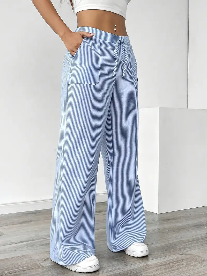 Women's Striped Wide Leg Pants Drawstring High Waist Pockets Casual Trousers