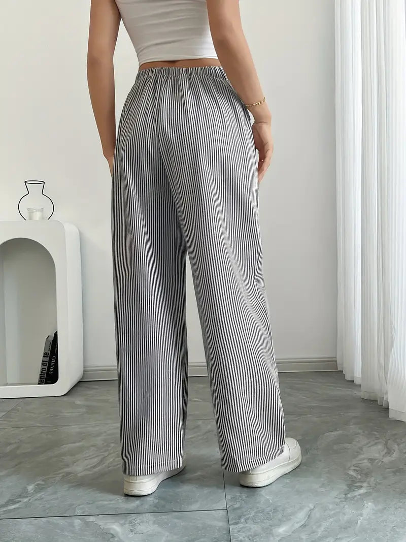 Women's Striped Wide Leg Pants Drawstring High Waist Pockets Casual Trousers