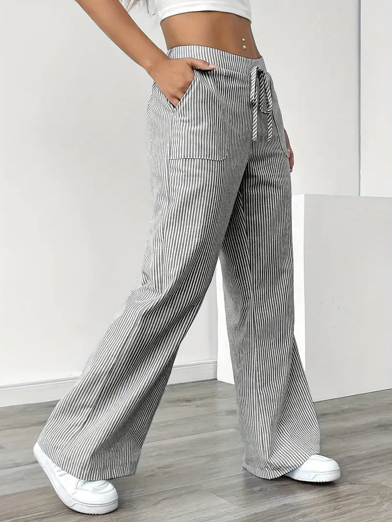 Women's Striped Wide Leg Pants Drawstring High Waist Pockets Casual Trousers