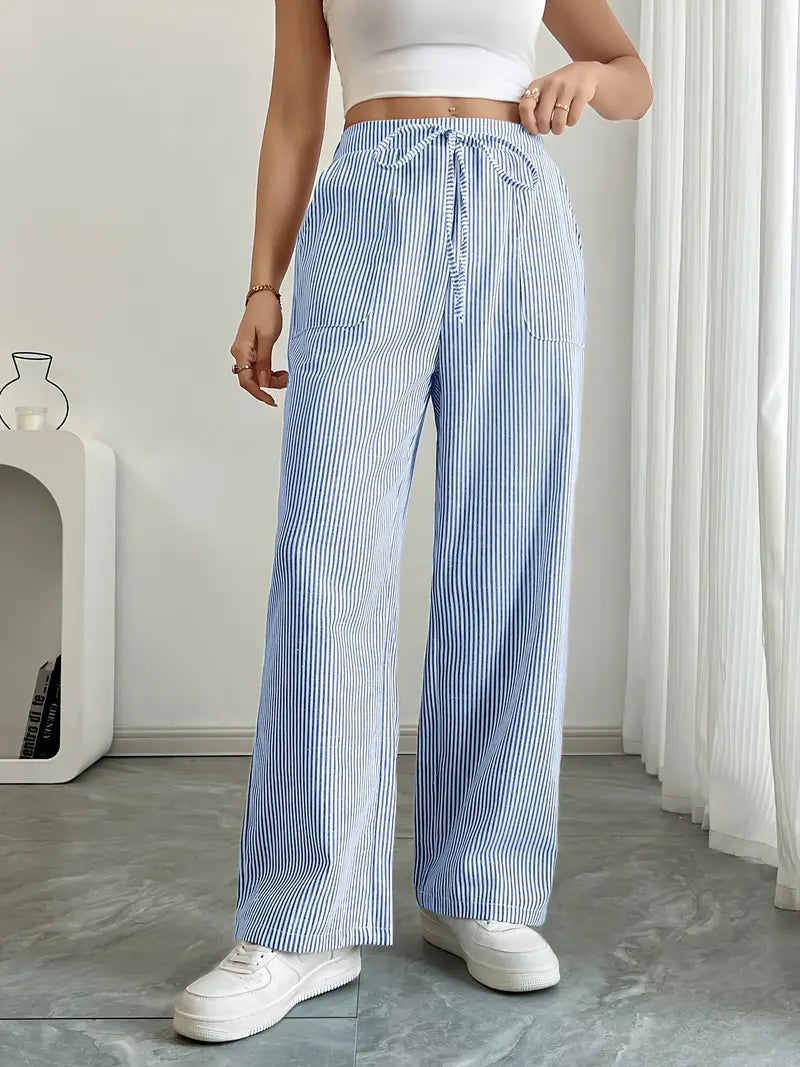Women's Striped Wide Leg Pants Drawstring High Waist Pockets Casual Trousers