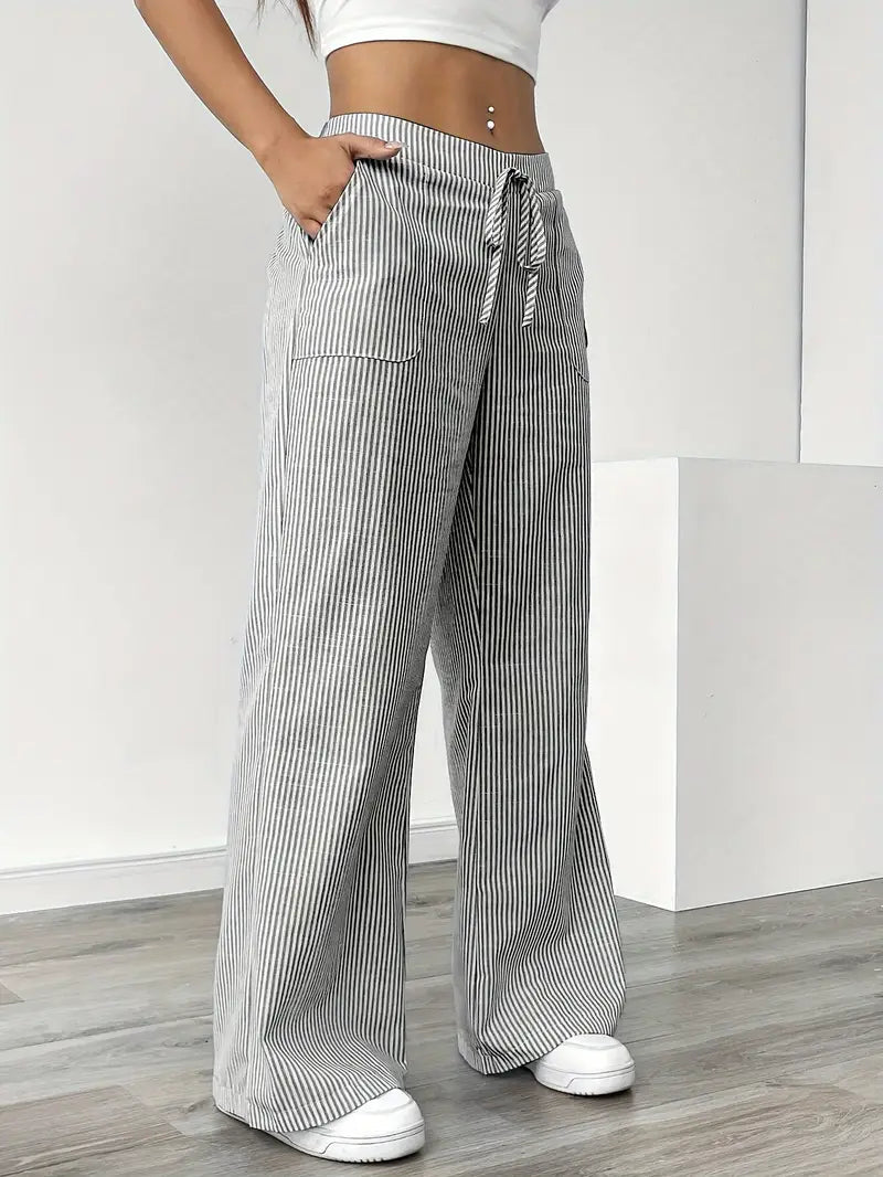 Women's Striped Wide Leg Pants Drawstring High Waist Pockets Casual Trousers