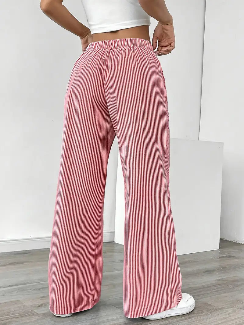Women's Striped Wide Leg Pants Drawstring High Waist Pockets Casual Trousers