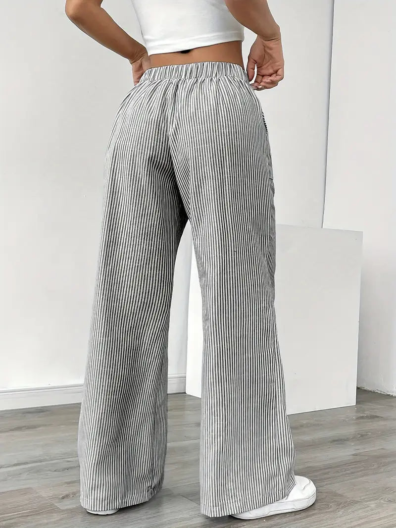 Women's Striped Wide Leg Pants Drawstring High Waist Pockets Casual Trousers