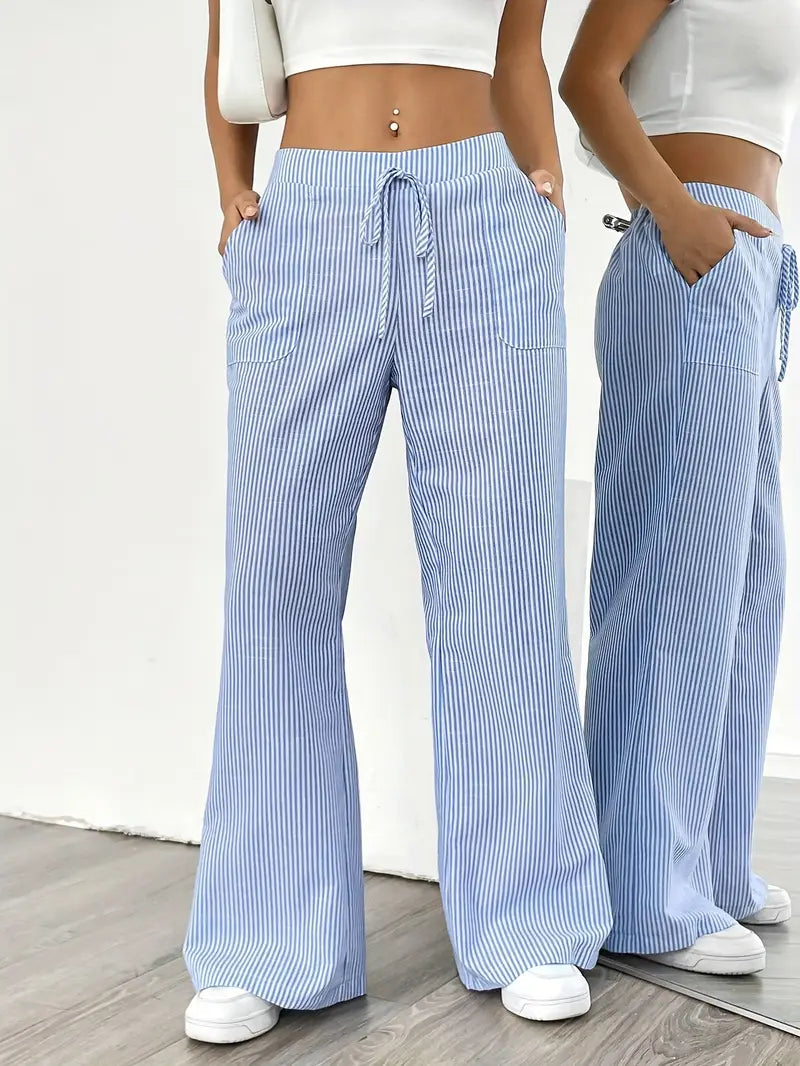 Women's Striped Wide Leg Pants Drawstring High Waist Pockets Casual Trousers