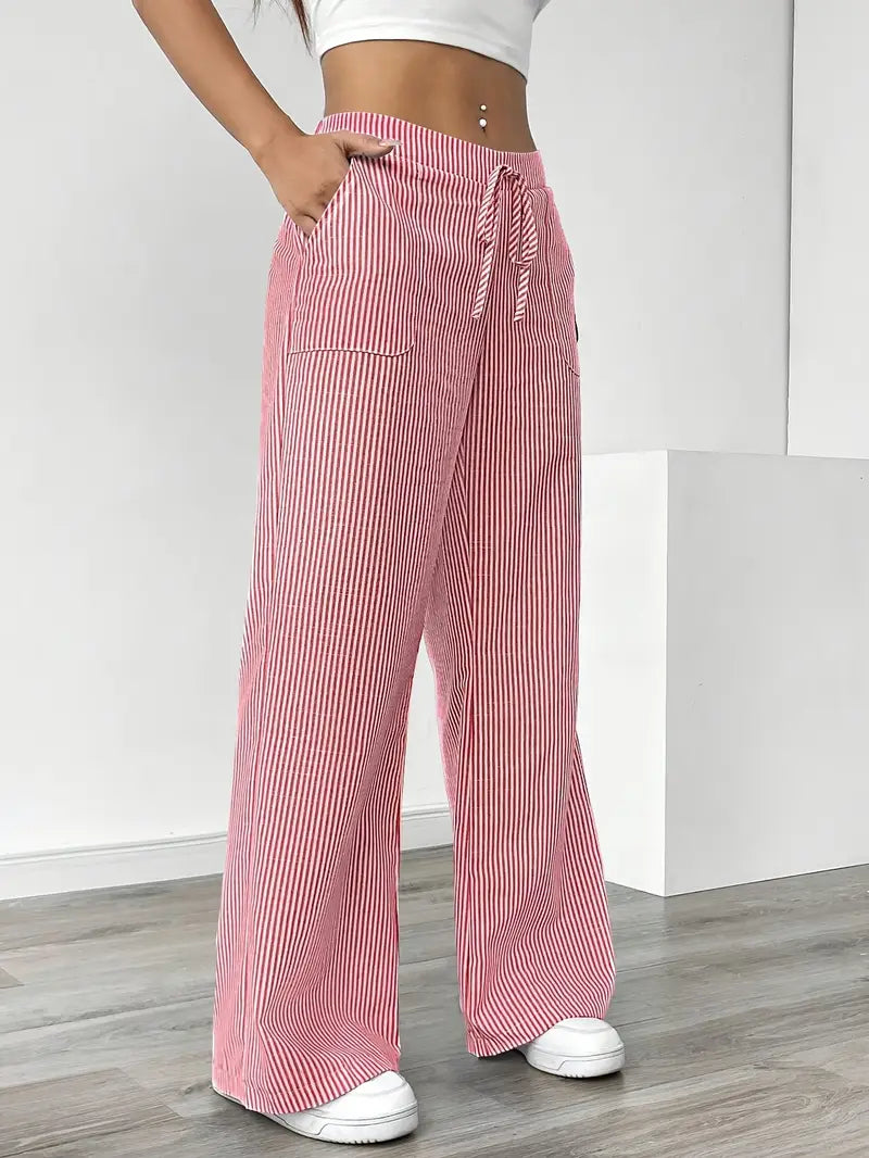 Women's Striped Wide Leg Pants Drawstring High Waist Pockets Casual Trousers