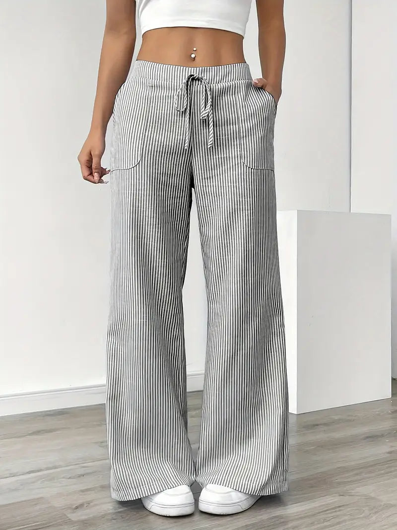 Women's Striped Wide Leg Pants Drawstring High Waist Pockets Casual Trousers