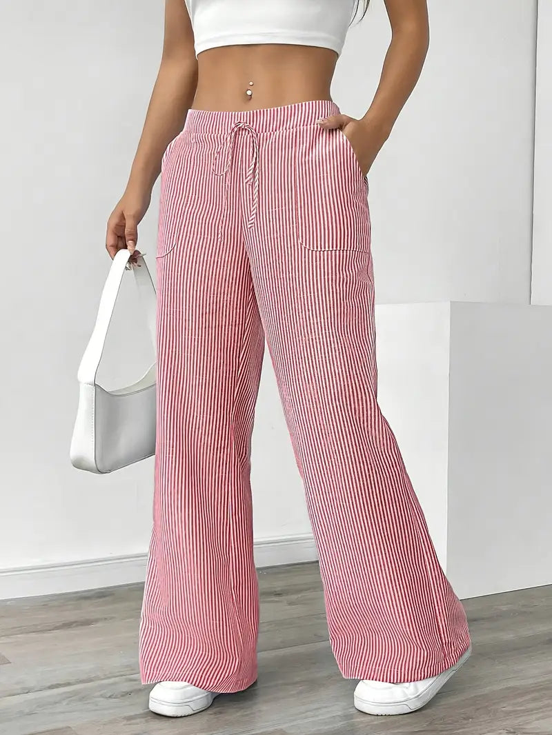 Women's Striped Wide Leg Pants Drawstring High Waist Pockets Casual Trousers