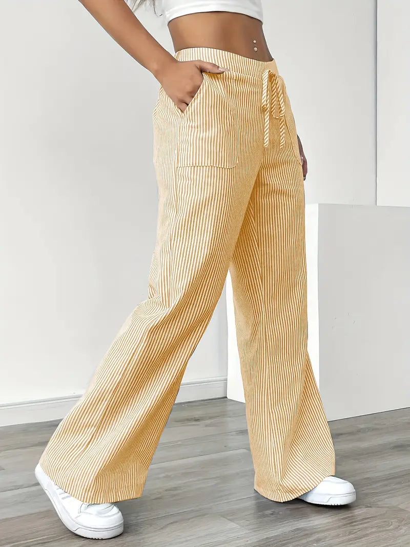 Women's Striped Wide Leg Pants Drawstring High Waist Pockets Casual Trousers