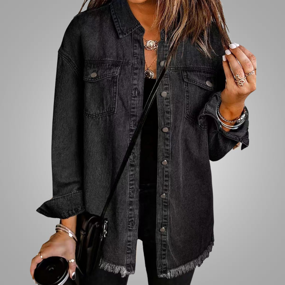 Women's Denim Jacket Frayed Hem Long Sleeve Chest Pockets Button-Up Casual