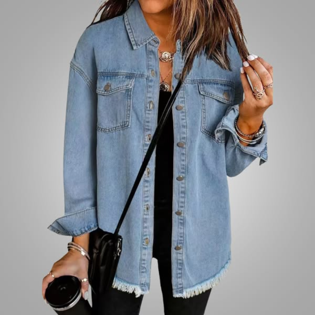 Women's Denim Jacket Frayed Hem Long Sleeve Chest Pockets Button-Up Casual