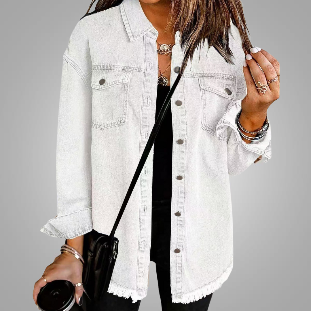 Women's Denim Jacket Frayed Hem Long Sleeve Chest Pockets Button-Up Casual