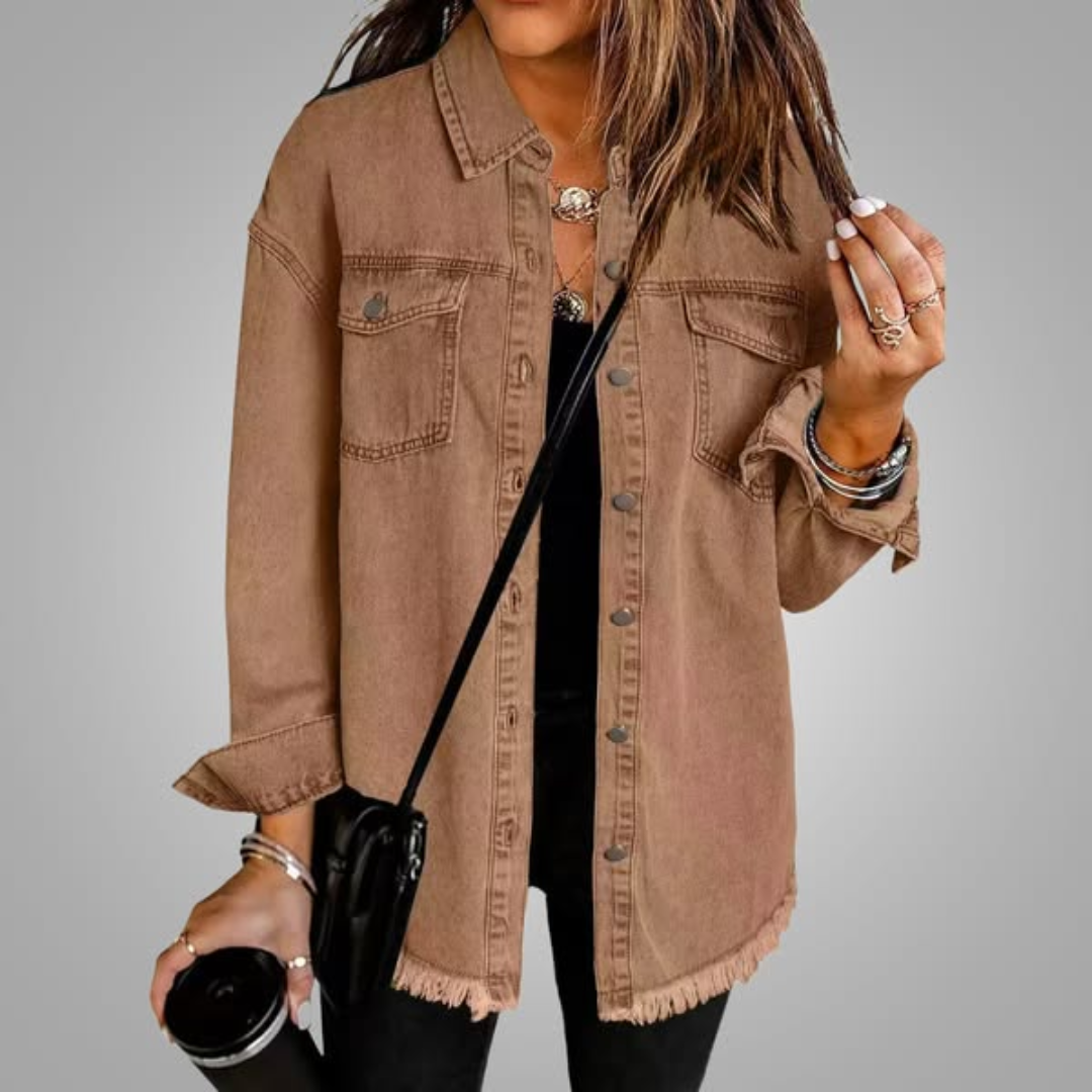 Women's Denim Jacket Frayed Hem Long Sleeve Chest Pockets Button-Up Casual