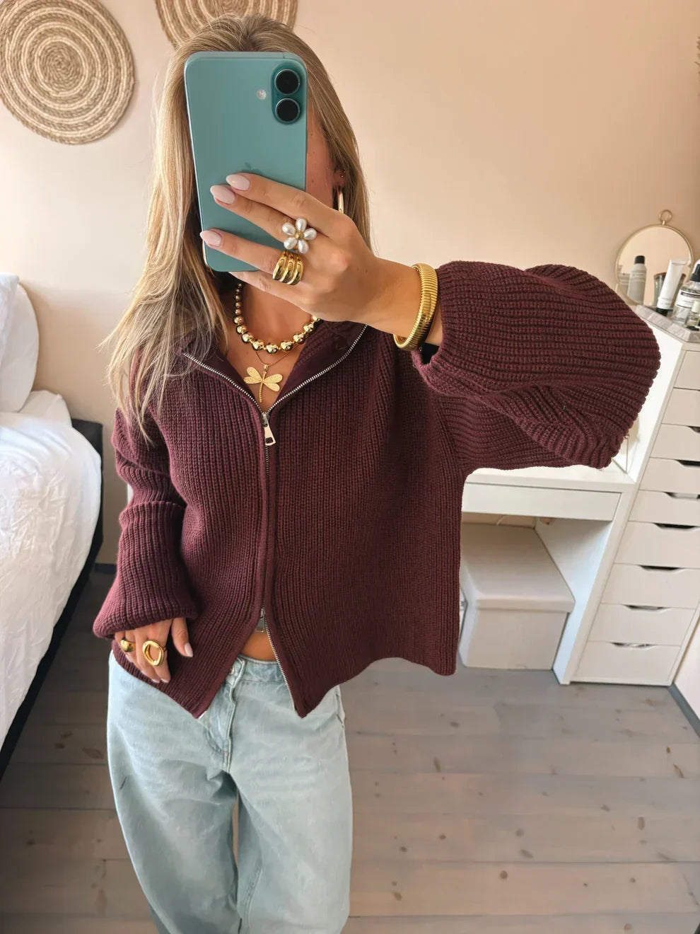 Women's Ribbed Zip Front Cardigan – Collared Balloon Sleeve Everyday Knit