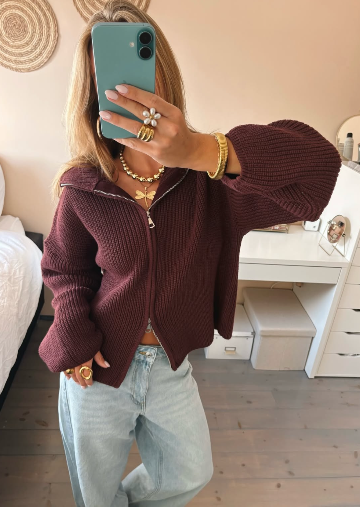 Women's Ribbed Zip Front Cardigan – Collared Balloon Sleeve Everyday Knit