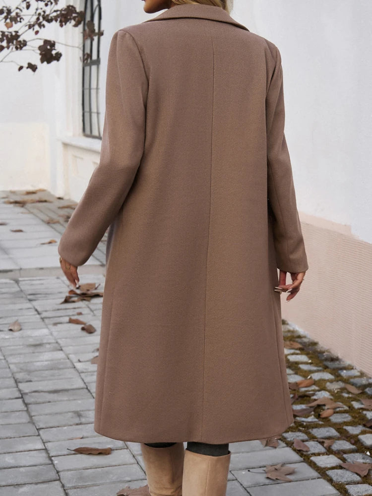 Women's Long Trench Coat Notch Collar Double-Breasted Casual Winter Outerwear