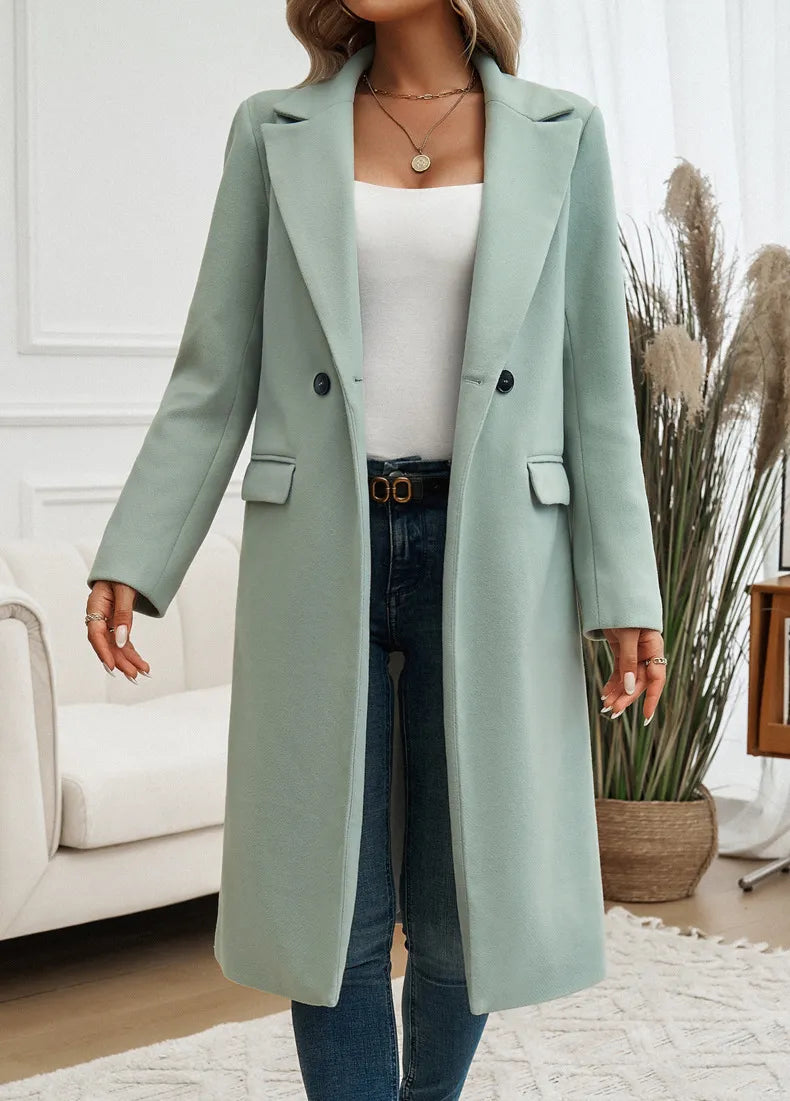 Women's Long Trench Coat Notch Collar Double-Breasted Casual Winter Outerwear