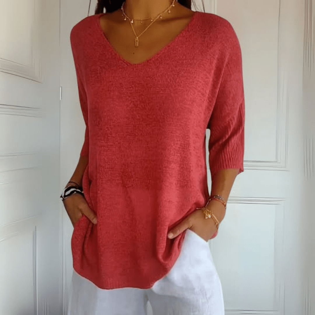Women's V-Neck Sweater Loose Fit 3/4 Sleeve Knit Casual Pullover Top