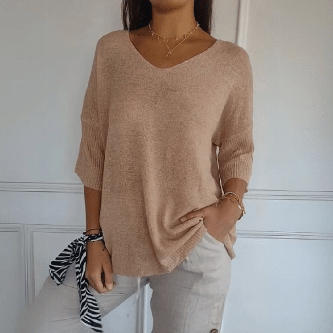 Women's V-Neck Sweater Loose Fit 3/4 Sleeve Knit Casual Pullover Top