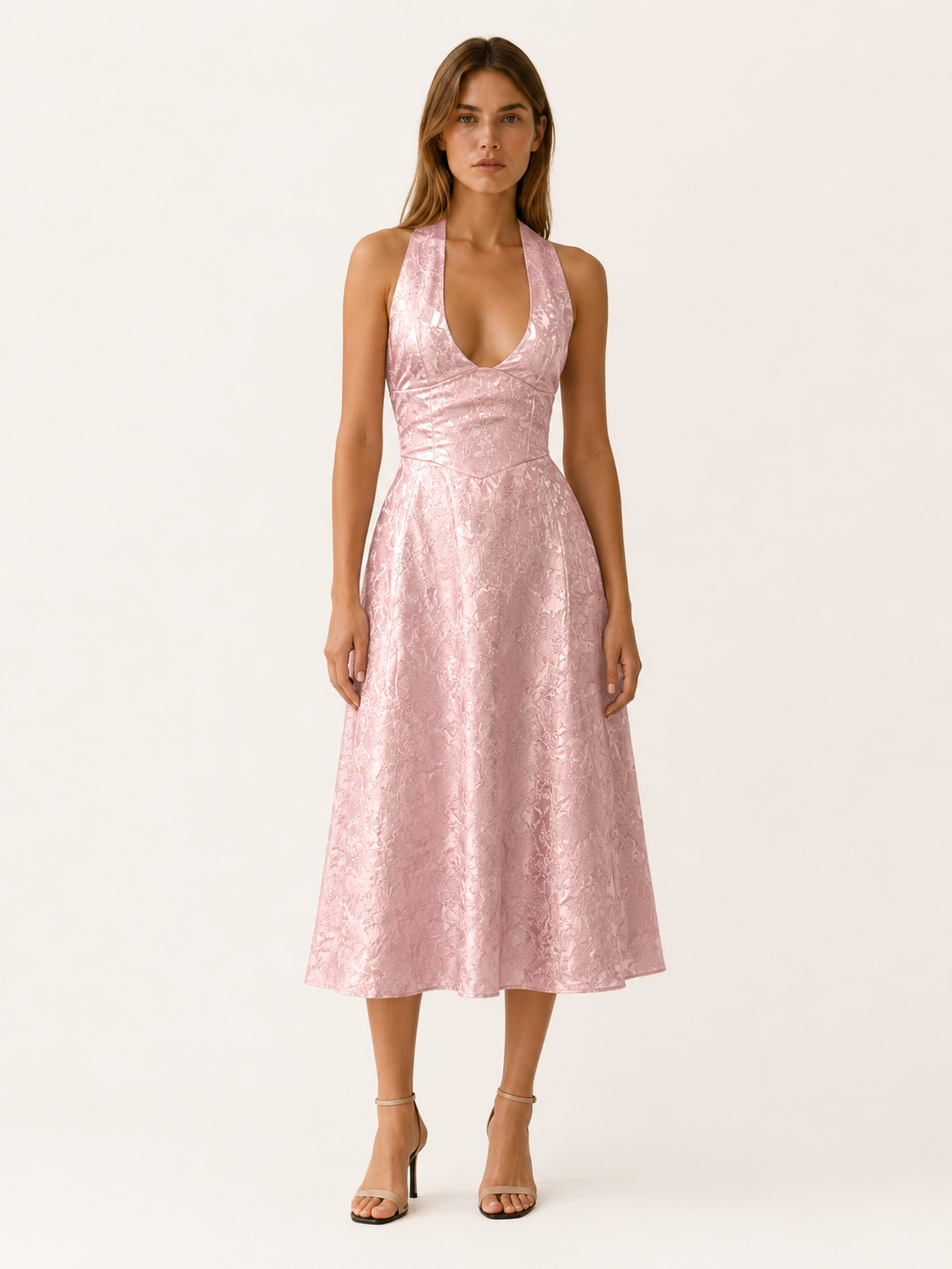 Women's Halter Neck Midi Dress Corset Bodice Pink Floral A-Line V-Neck
