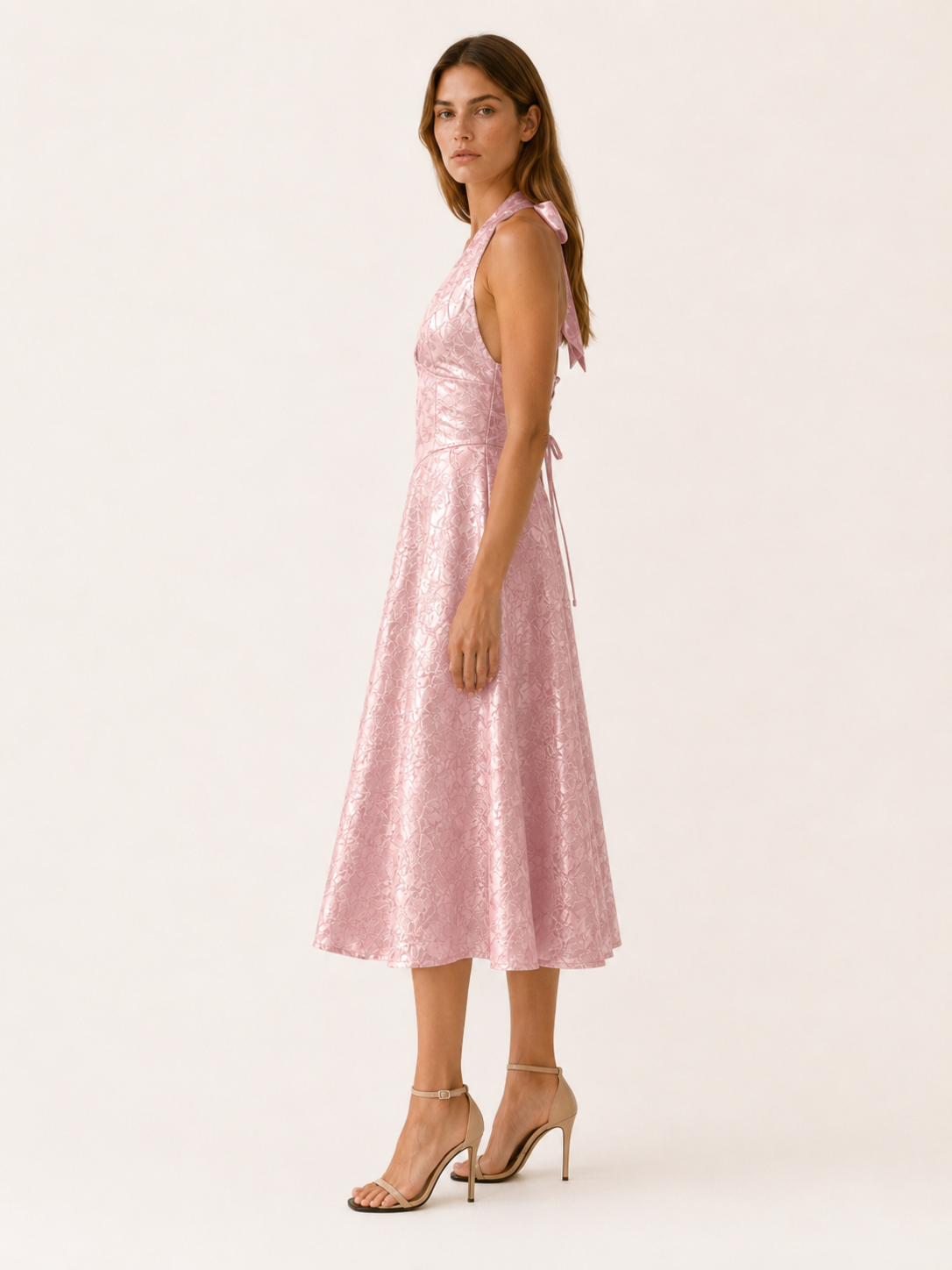 Women's Halter Neck Midi Dress Corset Bodice Pink Floral A-Line V-Neck