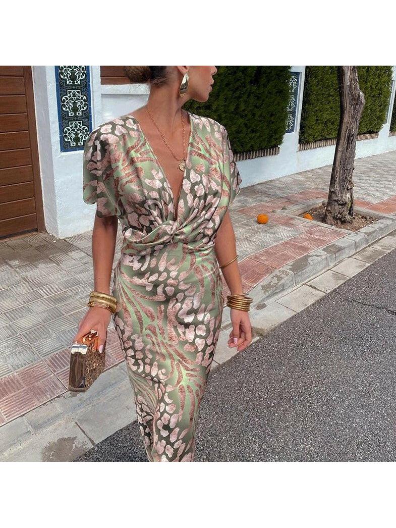 Women's V-Neck Maxi Dress Twist Front Short Sleeve Leopard Print Party
