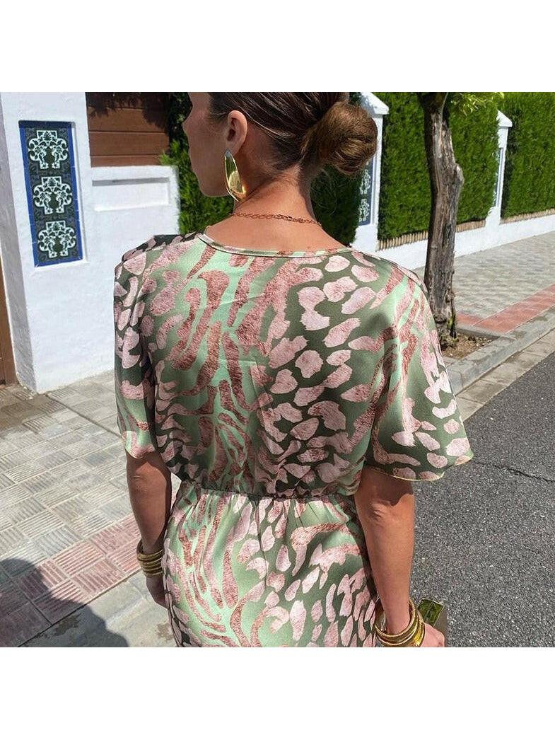 Women's V-Neck Maxi Dress Twist Front Short Sleeve Leopard Print Party