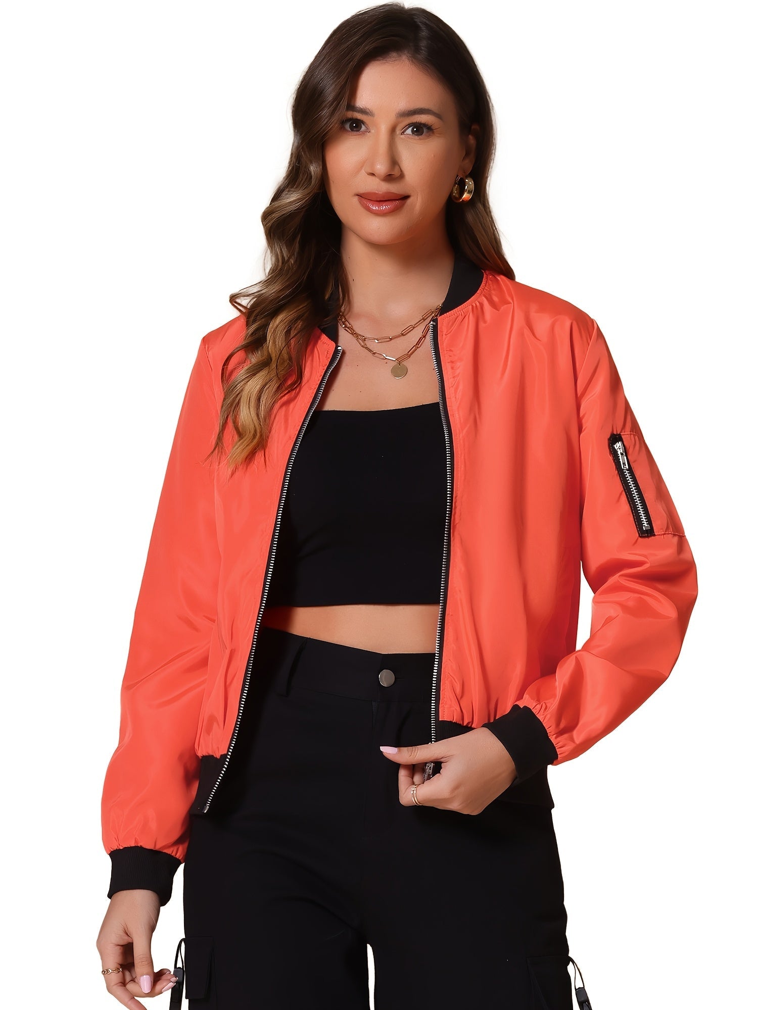 Women's Bomber Jacket Zip Up Stand Collar Long Sleeve Ribbed Cuff Casual Outerwear