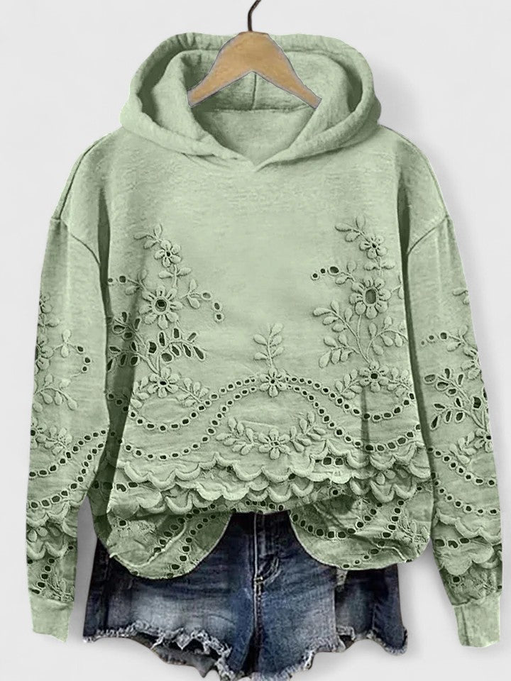 Women's Floral Embroidered Eyelet Lace Hoodie Long Sleeve Scalloped Hem Casual