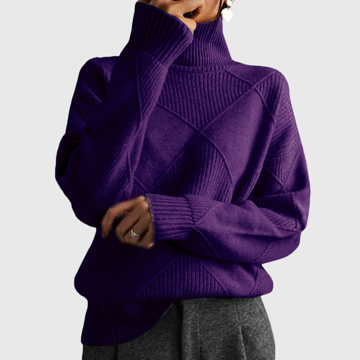 Women's Turtleneck Sweater Argyle Textured Long Sleeve Knit Pullover Winter