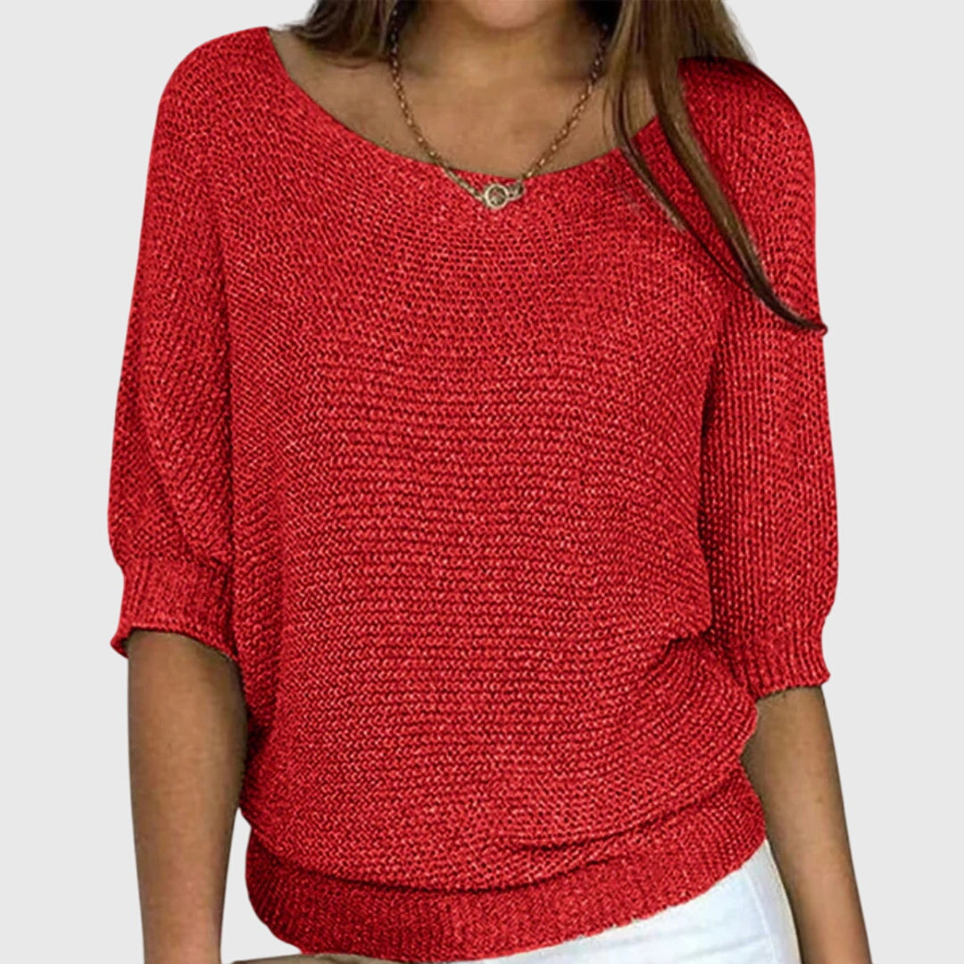 Women's Knit Sweater Boat Neck 3/4 Sleeve Lightweight Casual Pullover