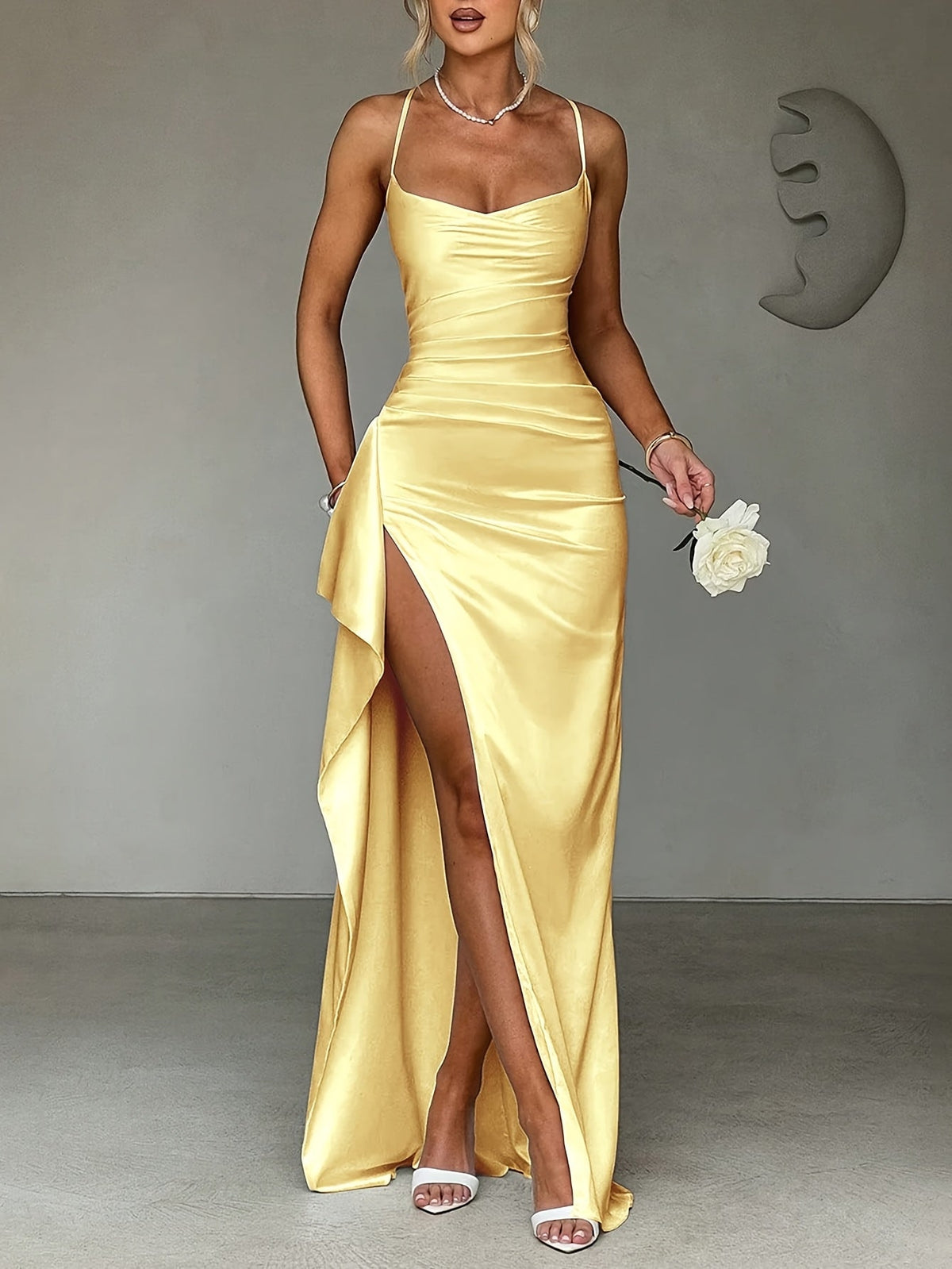 Women's Satin Maxi Dress Spaghetti Strap Sweetheart Neck Ruched High Slit Prom Gown