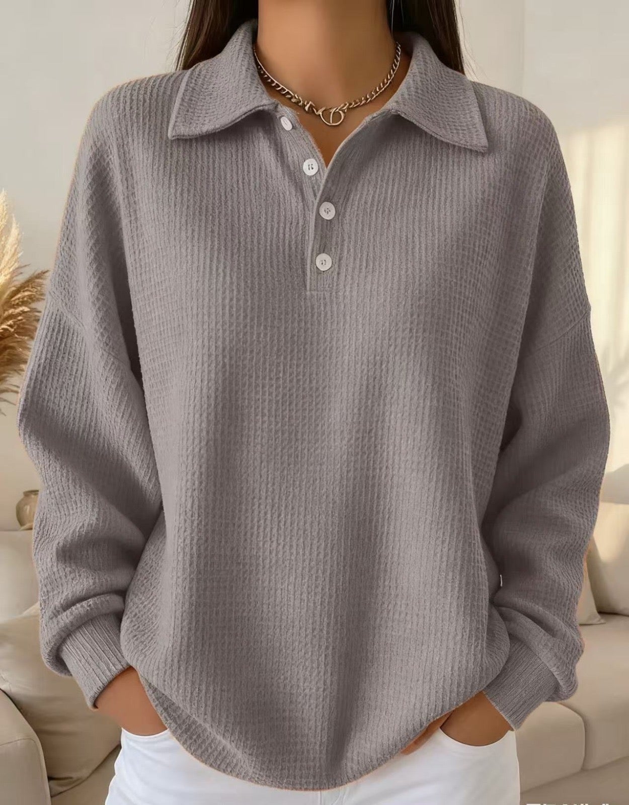 Women's Waffle Knit Polo Sweater Collared Button Long Sleeve Casual Pullover