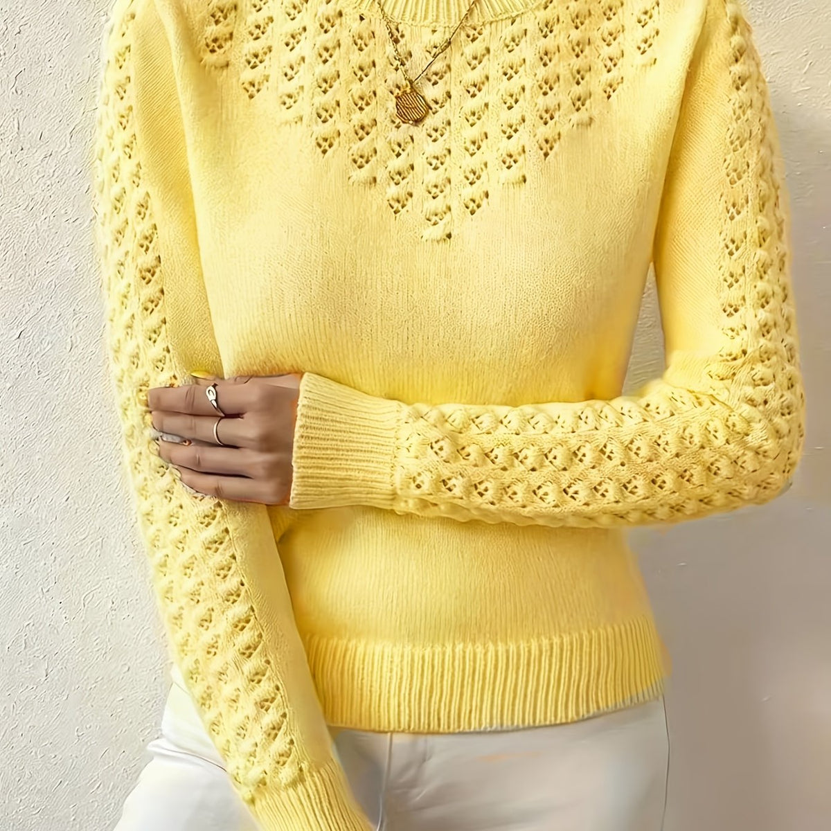Women's Pointelle Crew Neck Sweater Long Sleeve Knit Casual Pullover