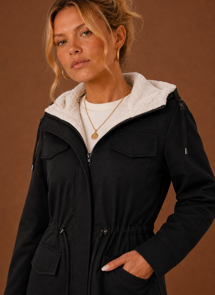 Women's Hooded Parka Jacket Fleece-Lined Zip-Up Mid-Length Winter Coat