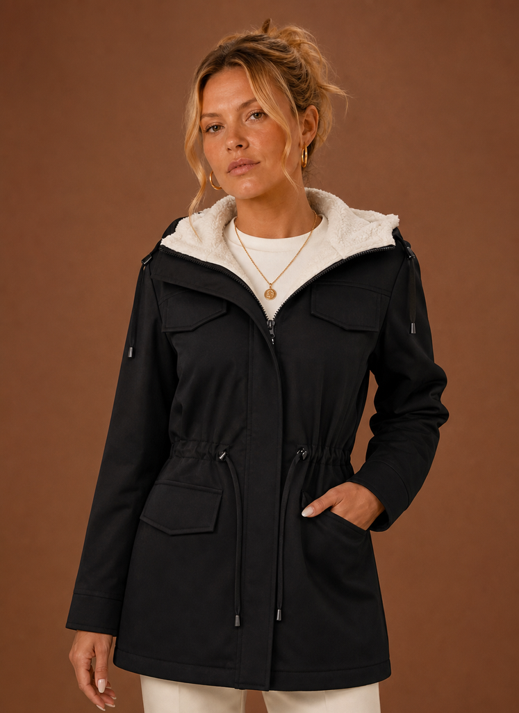 Women's Hooded Parka Jacket Fleece-Lined Zip-Up Mid-Length Winter Coat