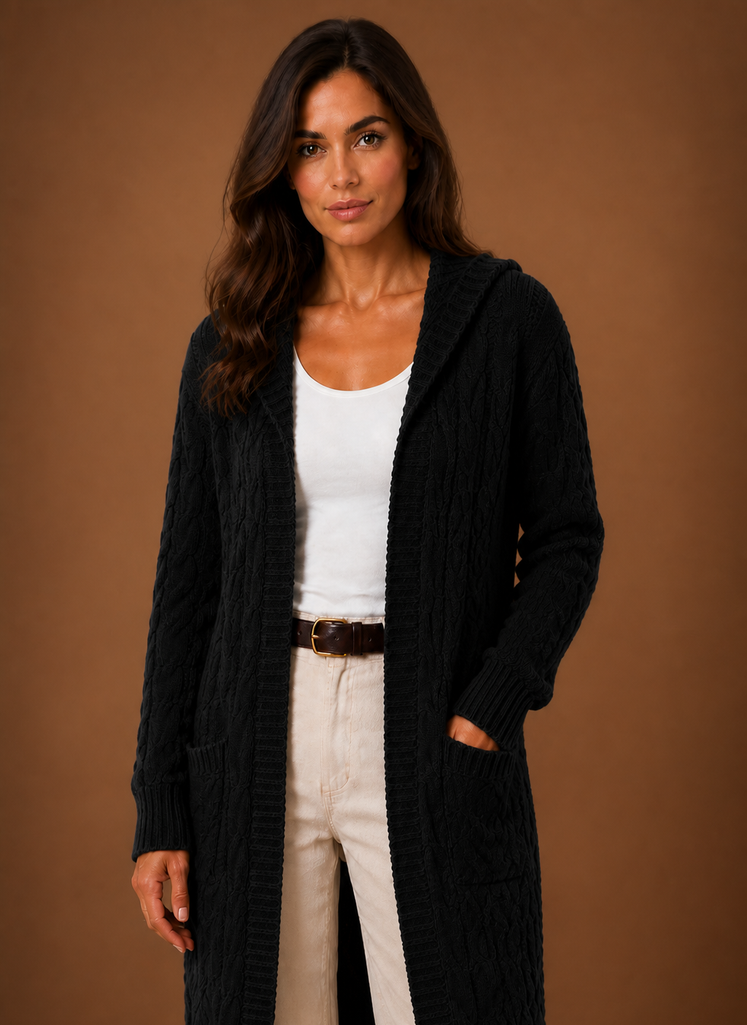 Women's Cable Knit Cardigan Hooded Long Sleeve Open Front Green Sweater