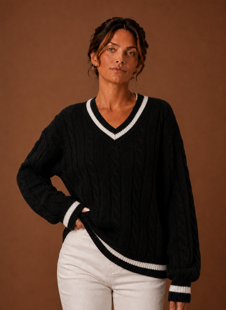 Women's Cable Knit Sweater V-Neck Long Sleeve Pullover Striped Trim Casual