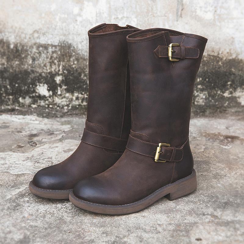 Women's Mid-Calf Leather Boots Buckle Strap Round Toe Block Heel Riding Boots