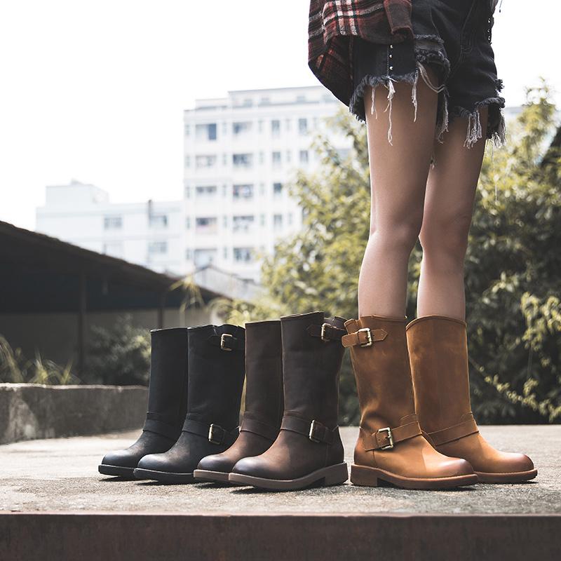 Women's Mid-Calf Leather Boots Buckle Strap Round Toe Block Heel Riding Boots