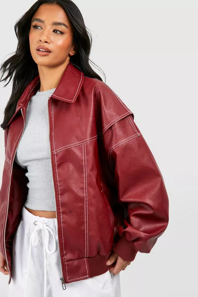 Women's Red Bomber Jacket Collared Neck Ribbed Cuffs Oversized Casual Jacket