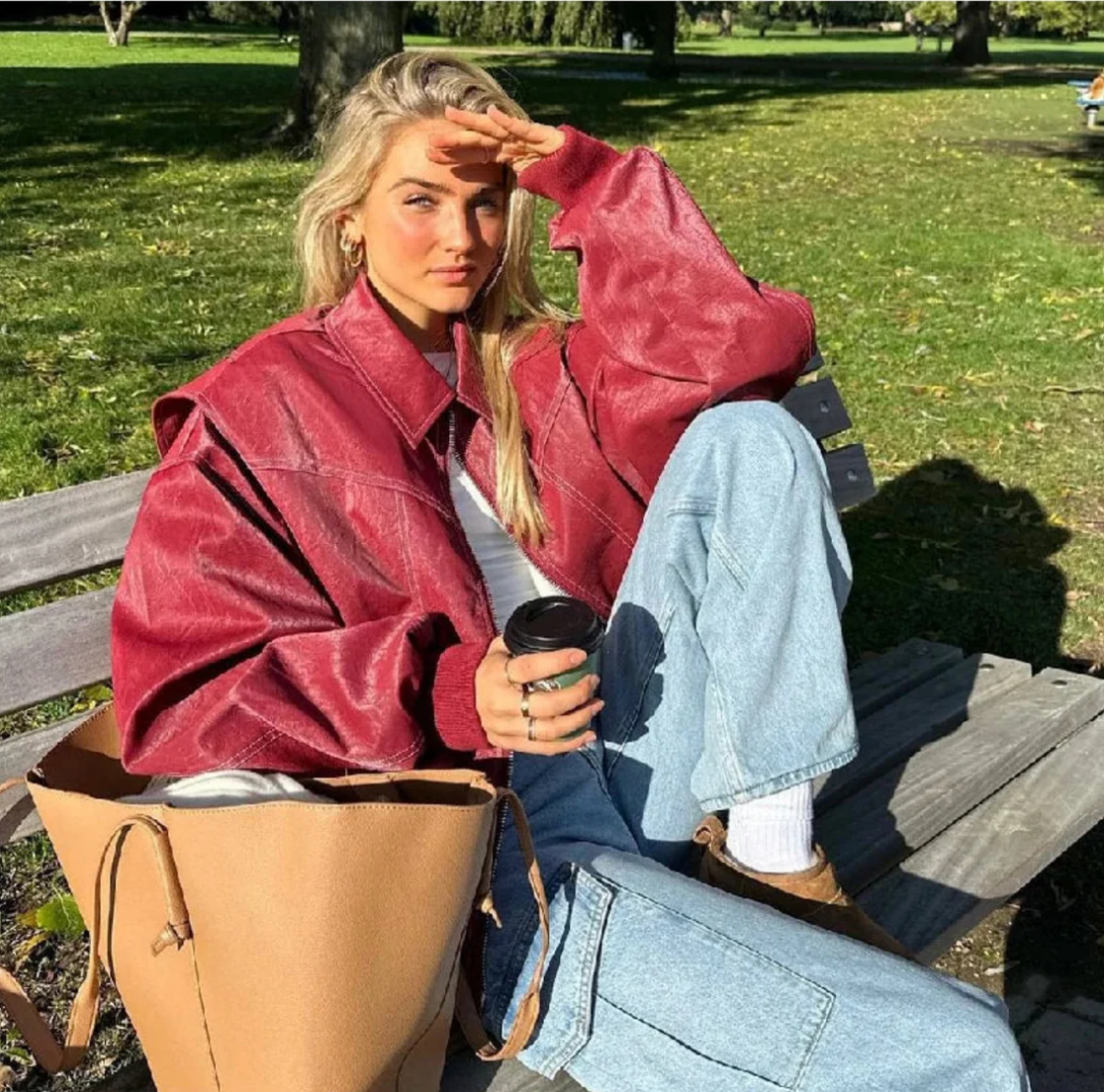 Women's Red Bomber Jacket Collared Neck Ribbed Cuffs Oversized Casual Jacket
